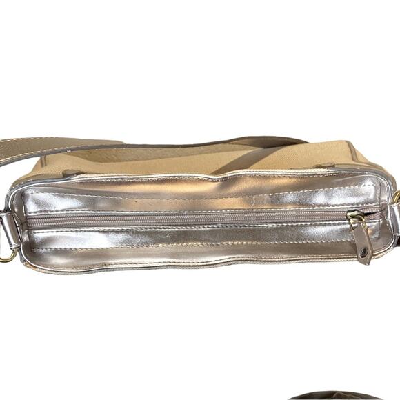 ETIENNE AIGNER Beige Linen W/ Metallic Gold Leather Trim Shoulder Bag Purse - Picture 7 of 10